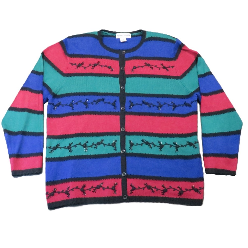 Vtg Alfred Dunner Cardigan 1X Pink Blue Teal Stripe Bead Embroidered Grandma 90s